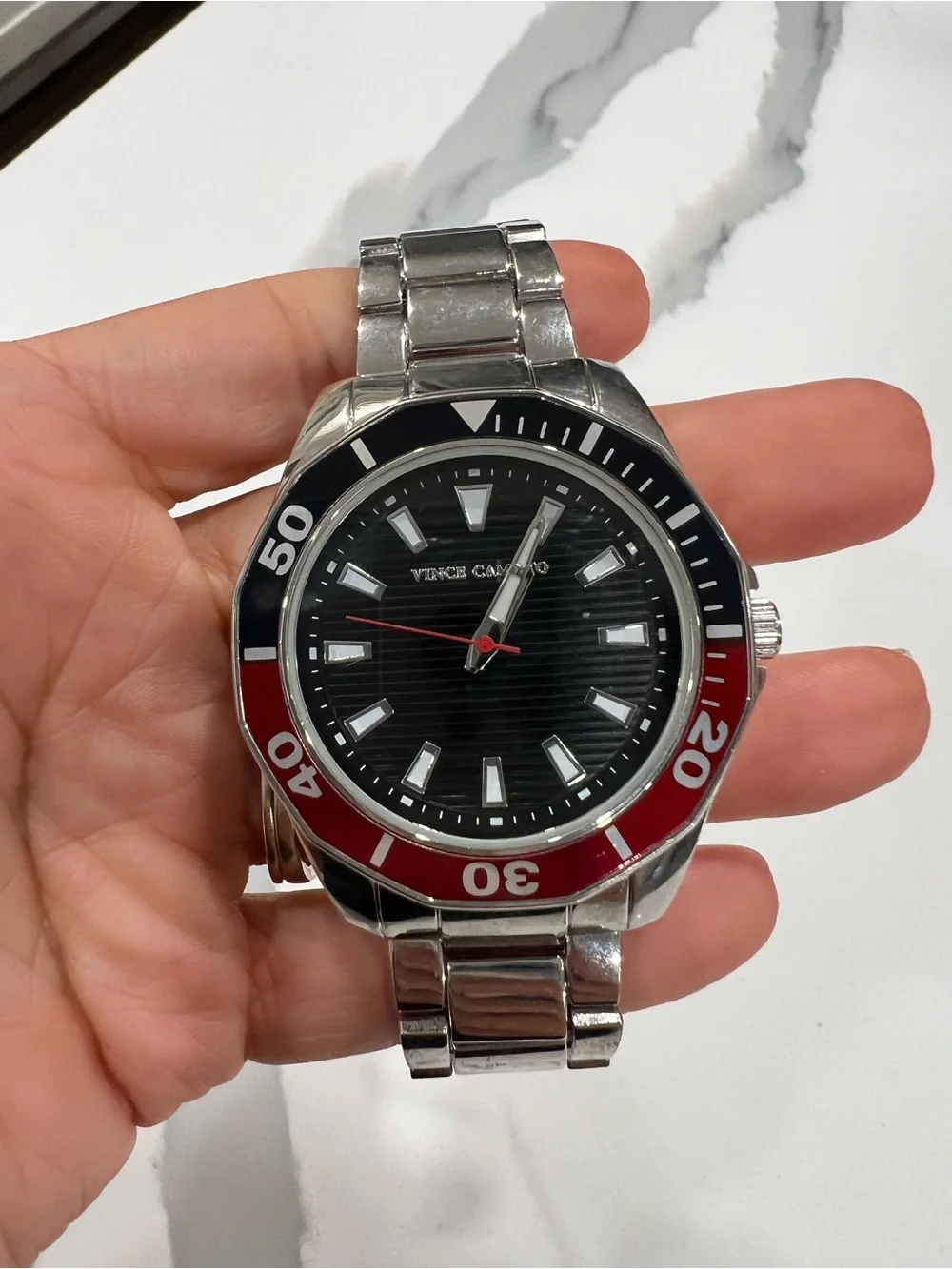 Vince Camuto Men's Stainless Steel Watch Red/Black Sport Bezel-needs new battery
